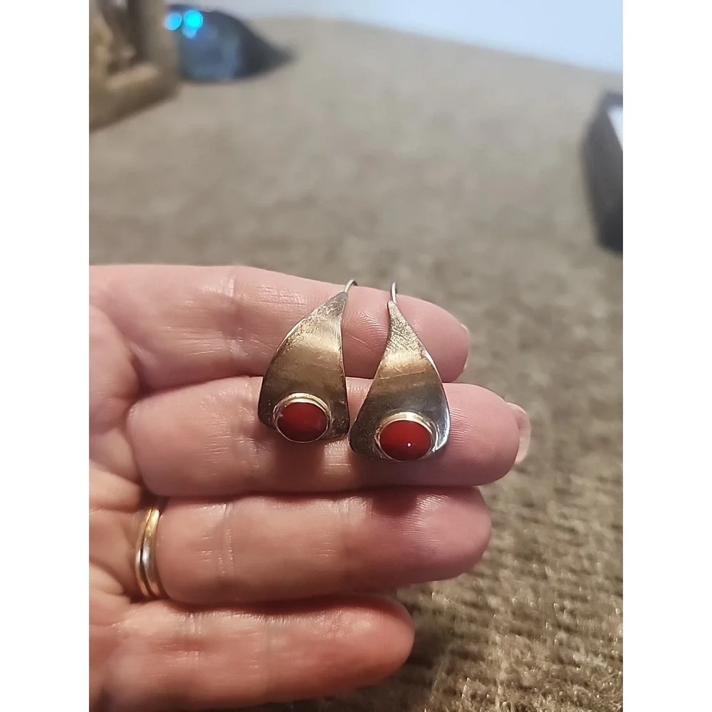 sterling silver earrings With Red Coral Stone‎